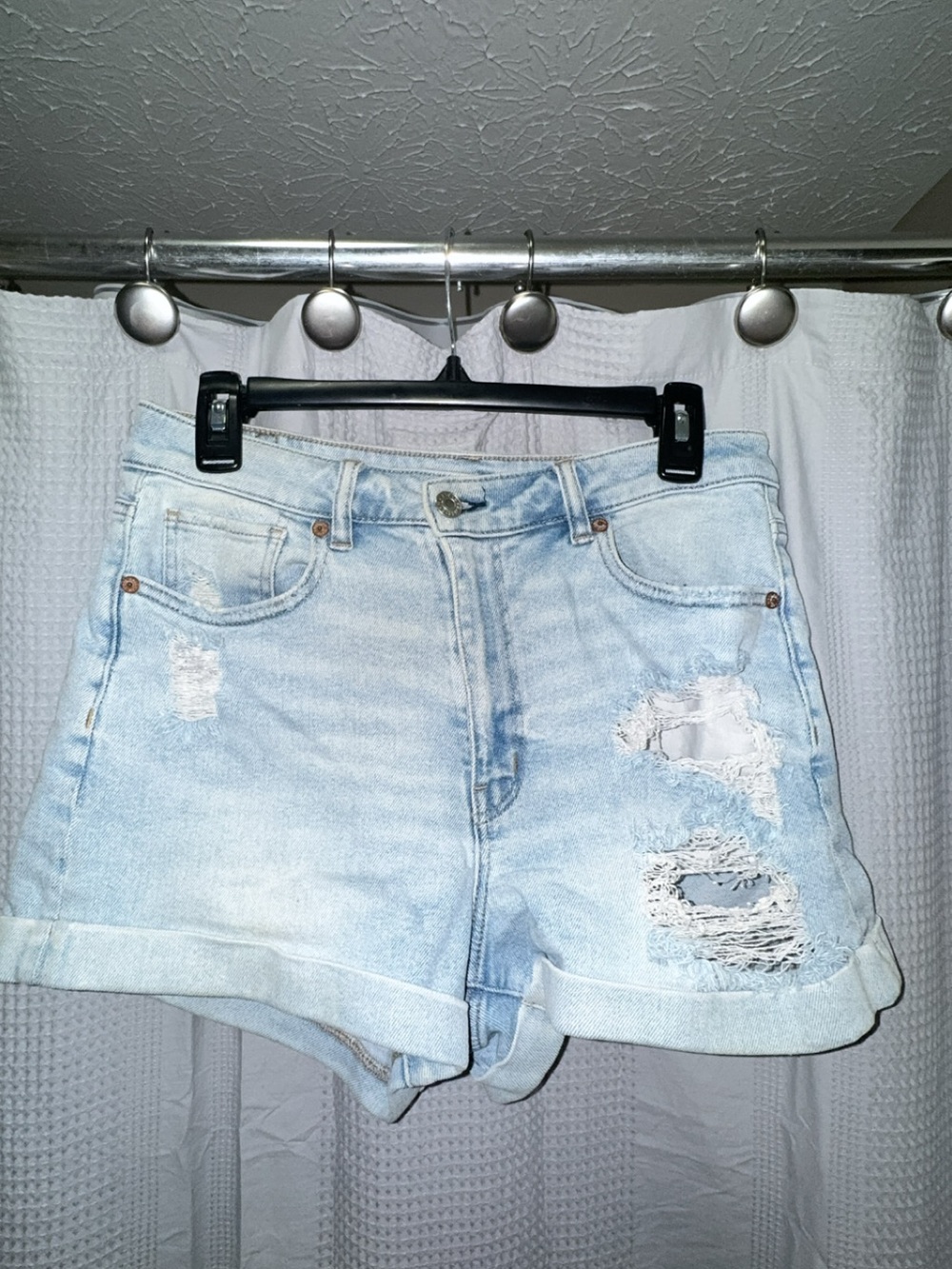 American Eagle Outfitters Light Blue Distressed Denim Roll-Hem Shorts